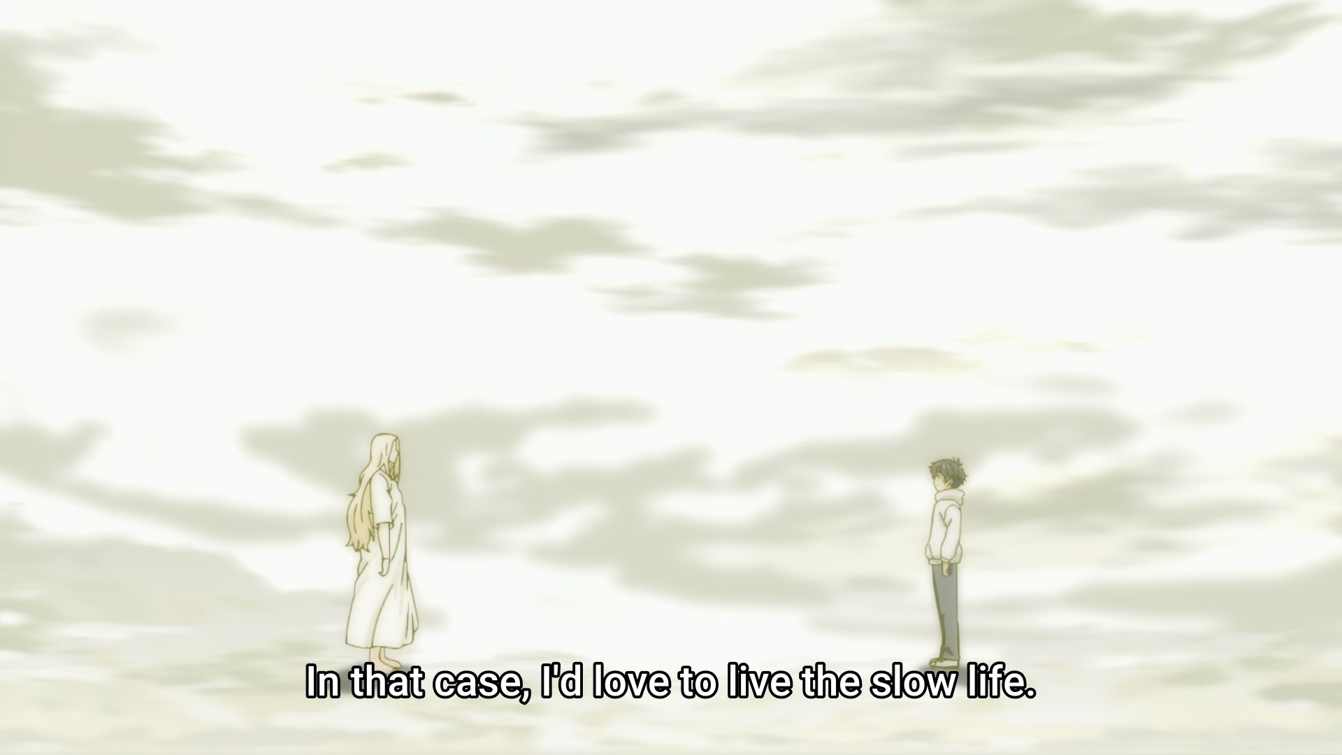 A fifteen year old boy at the far right is saying to an angelic figure on the left that he would like to live the slow life